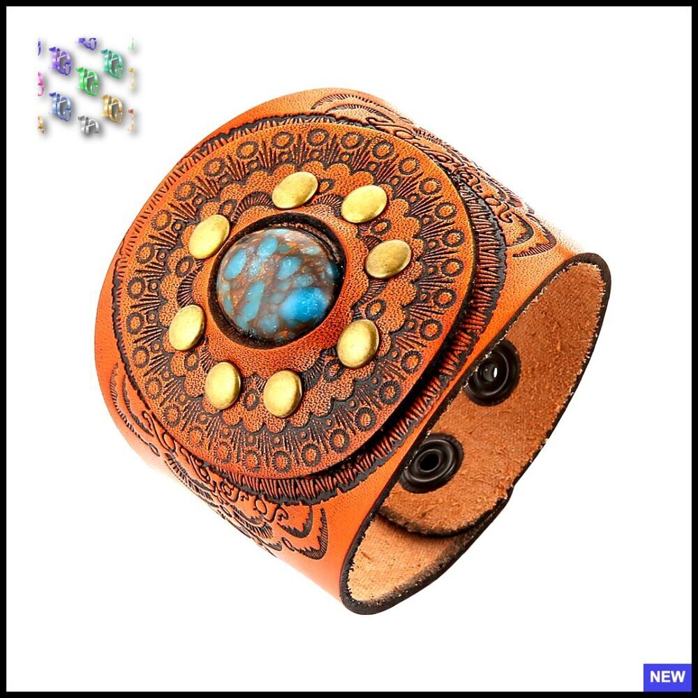 Vintage Leather Cuff Bracelet Adjustable Punk Sunflower Embossed Retro Style